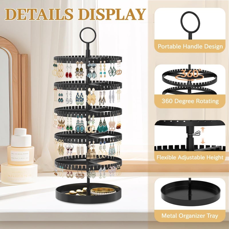 MODOWEY 5 Tier Rotating Earring Holder Organizer Display Tree with Metal Tray, Adjustable Plastic Stand with 285 Slots for Stud Hoop Hanger, Large Capacity Storage Rack for Women Space Saving, Black - Image 4
